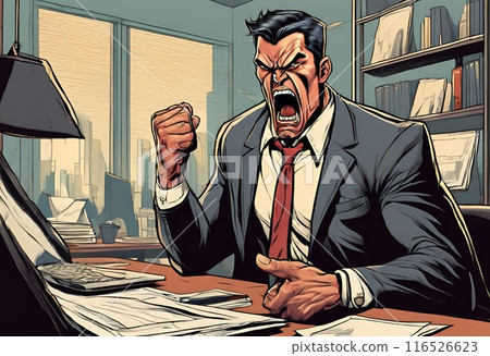 一個穿著憤怒西裝的男人在電腦前的插圖 一個穿著憤怒西裝的男人在電腦前的插圖 116526623
