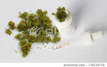 Alternative medicine and treatment concept. Medical bottle with Cannabis oil, pipette Alternative medicine and treatment concept. Medical bottle with Cannabis oil, pipette 116526729