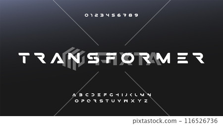 Heavy futuristic typeset, bold cutting-edge sans-serif letters numbers, impactful innovative alphabet for tech logos, sci-fi headlines, tech-inspired digital typography. Vector illustration 116526736