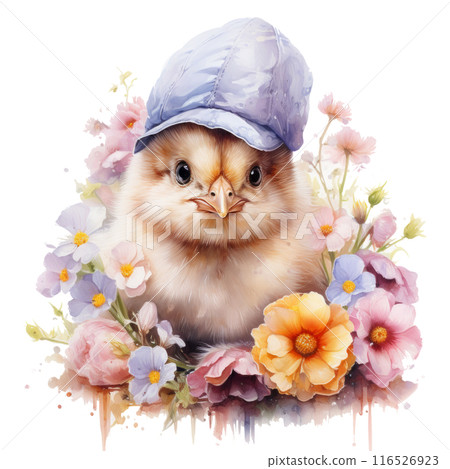 An endearing watercolor chick wearing a bonnet, nestled among spring blooms 116526923