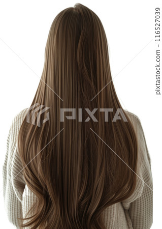 Back view of beautiful girl with long smooth brown hair isolated. 116527039