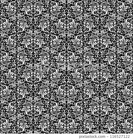 Wallpaper in the style of Baroque. Seamless vector background. White and black floral ornament. Graphic pattern for fabric, wallpaper, packaging. Ornate Damask flower ornament. 116527122