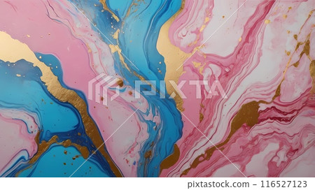 Abstract pink and blue marble liquid texture background with gold splashes 116527123