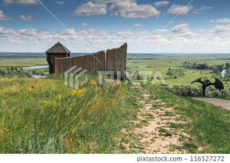Ancient wooden fortress on a background of river spaces. Russia, Tatarstan, ancient Bulgar fortress in Yelabuga 116527272