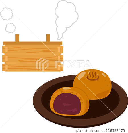 Hot spring buns and a square steamer with steam coming out 116527473