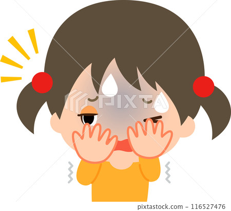 A girl opens her eyes slightly in fear, curious to see something scary 116527476