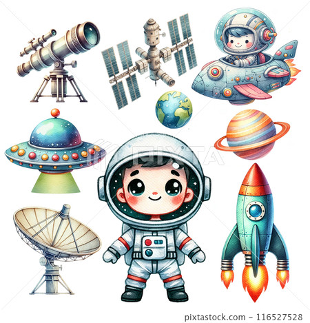 Cute cartoon astronaut surrounded by space objects, including a spaceship, telescope, satellite dish, and rocket. 116527528