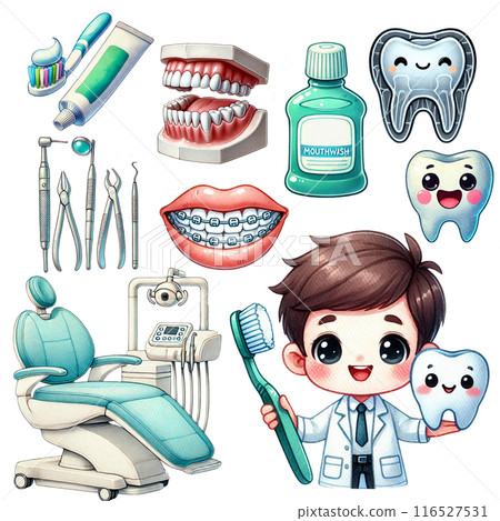 Cute cartoon dentist with dental tools, toothbrush, toothpaste, mouthwash, and braces. Smiling teeth and a dental chair. Cute cartoon dentist with dental tools, toothbrush, toothpaste, mouthwash, and braces. Smiling teeth and a dental chair. 116527531