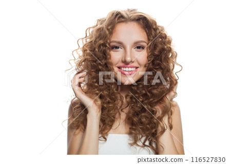Pretty young adult woman with fresh skin and wavy long healthy hairstyle isolated  116527830