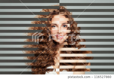 Perfect two cute model women with curly hair portrait. Young adult female person smiling 116527860