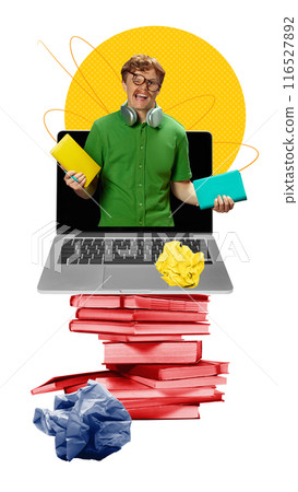 Poster. Contemporary art collage. Annoyed man, student holding copybooks, emerging from laptop which standing on stack of red books. Poster. Contemporary art collage. Annoyed man, student holding copybooks, emerging from laptop which standing on stack of red books. 116527892