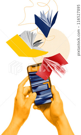 Poster. Contemporary art collage. Orange hands holding smartphone, from which books of various colors seem to fly out. 116527895