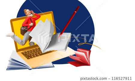 Poster. Contemporary art collage. Yong, smart girl with headphones and backpack emerging from laptop surrounded copybooks and books. Poster. Contemporary art collage. Yong, smart girl with headphones and backpack emerging from laptop surrounded copybooks and books. 116527911