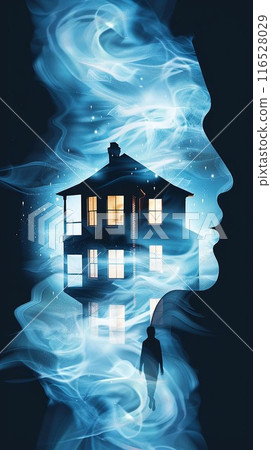 Ghastly apparition, swirling mist, haunted house background, Watercolor style Ghastly apparition, swirling mist, haunted house background, Watercolor style 116528029