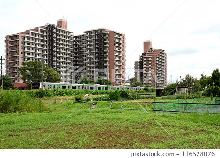 未使用的田地、通勤列車和公寓 116528076