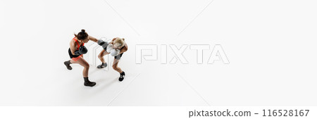 Dyna,ci image of competitive young women, boxing fighters in motion, training isolated on white background Dyna,ci image of competitive young women, boxing fighters in motion, training isolated on white background 116528167
