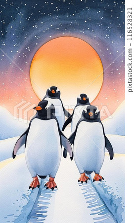Penguins marching across snow, sunset glow, serene winter setting, Watercolor style Penguins marching across snow, sunset glow, serene winter setting, Watercolor style 116528321