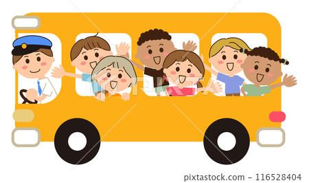 Multinational children and driver on a yellow bus 116528404