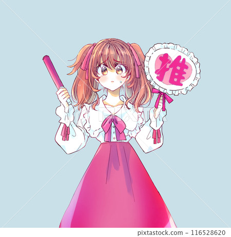 A woman holding a fan and glow sticks while promoting her favorite idol - troubled - red A woman holding a fan and glow sticks while promoting her favorite idol - troubled - red 116528620