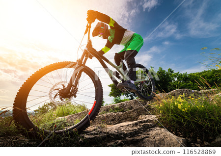 Wide angle view of a mountain biker racing down a mountain bike path in the forest. A cyclist's rapid descent over rocks Wide angle view of a mountain biker racing down a mountain bike path in the forest. A cyclist's rapid descent over rocks 116528869