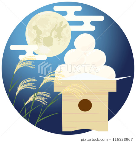 Vector illustration of moon viewing rice dumplings for the fifteenth night (with silhouette of a rabbit pounding mochi) Vector illustration of moon viewing rice dumplings for the fifteenth night (with silhouette of a rabbit pounding mochi) 116528967