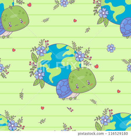 Ecology seamless pattern. Cute cartoon turtle with planet Earth and flowers on green striped background. Concept green life, conservation, protection nature and animals. Vector illustration.. Ecology seamless pattern. Cute cartoon turtle with planet Earth and flowers on green striped background. Concept green life, conservation, protection nature and animals. Vector illustration.. 116529180