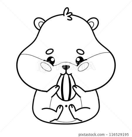 Cute cartoon hamster eats sunflower seed. Outline kawaii animal. Line drawing, coloring book. Vector illustration. Kids collection. 116529195