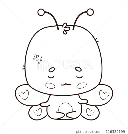 Cute calm butterfly meditating. Outline cartoon kawaii character insect yogi sitting in an asana. Line drawing, coloring book. Vector illustration. Kids collection. 116529199