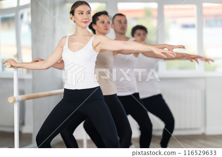 Group of dancers doing plie at barre Group of dancers doing plie at barre 116529633