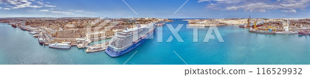 Drone panorama over the cruise port of the Maltese city of Valetta 116529932