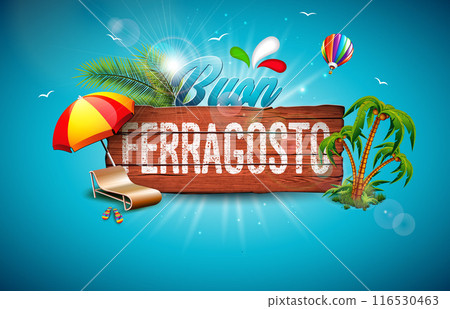 Buon Ferragosto Italian Summer Festival Design with Summer Holiday Elements and Typography Letter on Vintage Wood Background. Vector Italy Language Illustration for Banner, Flyer, Invitation, Brochure 116530463
