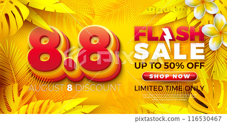 8 August Summer Shopping Day Flash Sale Design with 3d 8.8 Number and Tropical Palm Leaves on Yellow Background. Vector Special Offer Campaign Discount Illustration for Coupon, Voucher, Banner, Flyer 116530467