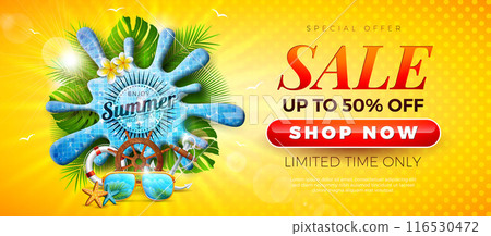 Summer Sale Banner Design with Flower, Water Splash and Beach Holiday Elements on Sun Yellow Background. Tropical Vacation Vector Illustration with Special Offer for Coupon, Voucher, Flyer 116530472