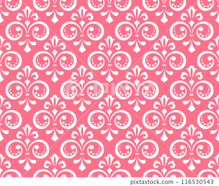 Wallpaper in the style of Baroque. Seamless vector background. White and pink floral ornament. Graphic pattern for fabric, wallpaper, packaging. Ornate Damask flower ornament 116530543