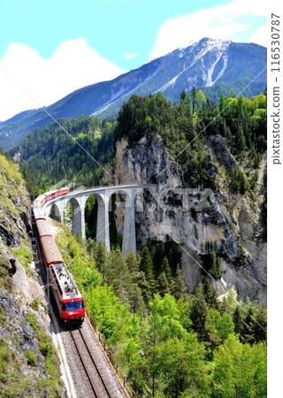 Spectacular Landwasser Viaduct, red train, and tall rocky mountain Spectacular Landwasser Viaduct, red train, and tall rocky mountain 116530787