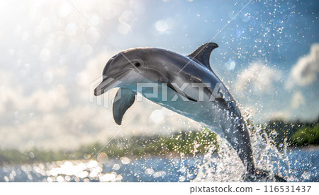 Jumping dolphins. Wild dolphins offshore with a view of the coast. 116531437