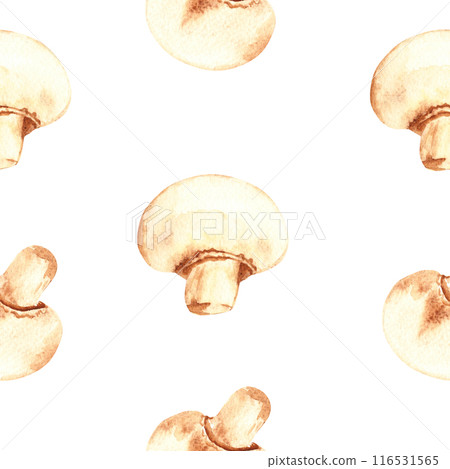 Seamless Pattern with Watercolor fresh Champignon Mushrooms on a white background. Can be used for kitchen Harvest textile prints, product packaging and wrapping paper design. 116531565