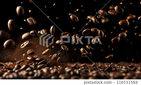 Coffee beans falling on a pile symbolizing energy, freshness, and great aroma on a dark background with copy space image in a close-up shot 116531568