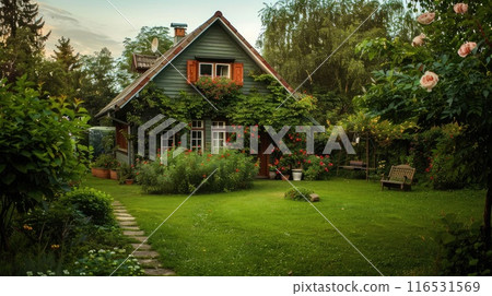 house exterior with beautiful peaceful cute small backyard garden green area. 116531569