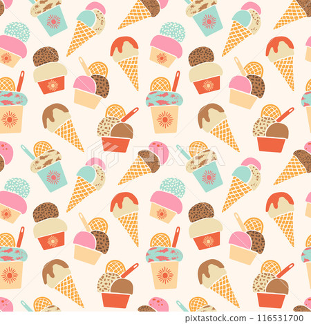 Retro Ice-cream vector seamless pattern. Hand drawn various colorful textured summer frozen desserts on cream off-white background. Cute gelato in waffle cones and cups. Modern sweet food repeat tile 116531700