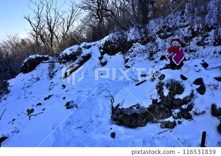 Jizo statue on the hiking trail in snowy mountains, Tanzawa Mountains, Sannotou Jizo Junction 116531839