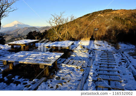 View of Mt. Fuji and Sannoto from the summit of Mt. Ninoto in Tanzawa in the morning sun. Snowy peaks 116532002