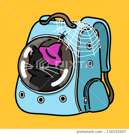 Halloween illustration of a black cat in a pet carrier (with outline) 116532087