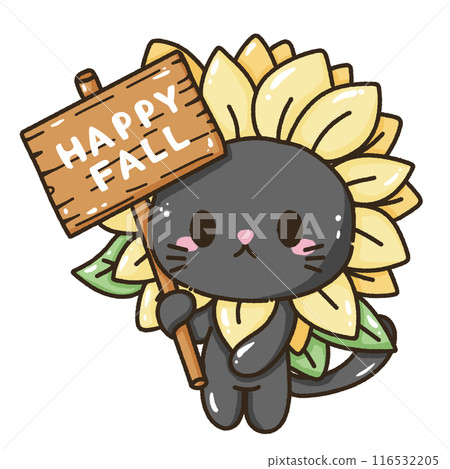 Hand drawn doodle illustration kawaii cute black cat named Luna kitten Fall sunflower thanksgiving decoration,halloween, autumn 116532205