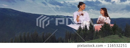 Banner. Contemporary art collage. woman and girl, dressed in vintage attire, enjoy tea at table that appears to float above lush, mountainous landscape. 116532251