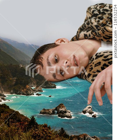Contemporary art collage. Man, dressed animal-printed coat, lies across coastal landscape, expressing exhaustion from work against serene backdrop of sea and cliffs. Contemporary art collage. Man, dressed animal-printed coat, lies across coastal landscape, expressing exhaustion from work against serene backdrop of sea and cliffs. 116532254