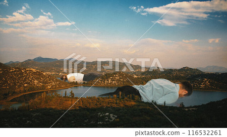 Contemporary art collage. Office workers lie collapsed over lake and rolling hills, symbolizing need for rest and escape from daily grind. Contemporary art collage. Office workers lie collapsed over lake and rolling hills, symbolizing need for rest and escape from daily grind. 116532261