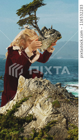 Contemporary art collage. Child in vintage dress holds rocky landscape with tree, as if playing with nature itself, set against serene ocean backdrop, 116532283