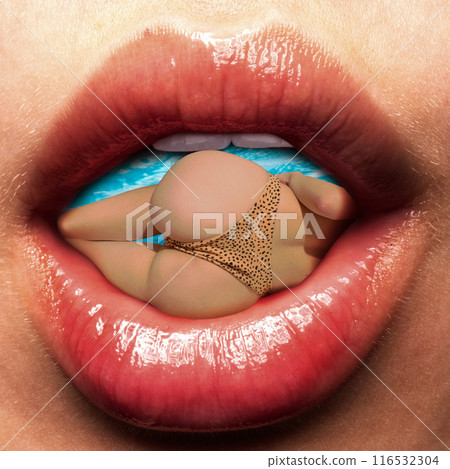Contemporary art collage. Vibrant close-up of glossy lips holding sunbather in leopard bikini, evoking holiday vibes. Contemporary art collage. Vibrant close-up of glossy lips holding sunbather in leopard bikini, evoking holiday vibes. 116532304