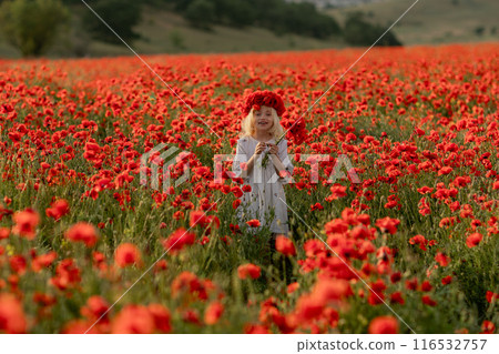 A young girl is walking through a field of red poppies. She is wearing a red headband and a white dress. A young girl is walking through a field of red poppies. She is wearing a red headband and a white dress. 116532757